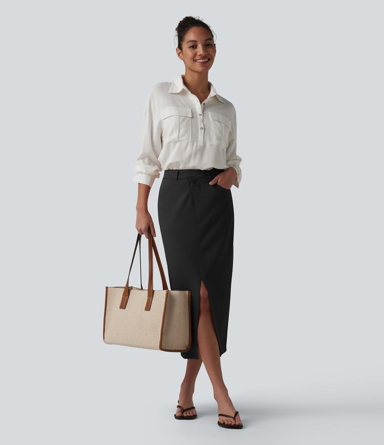 Asymmetric Mid Rise Split Midi Work Pencil Skirt with Pockets Asymmetric Mid Rise Split Midi Work Pencil Skirt with Pockets