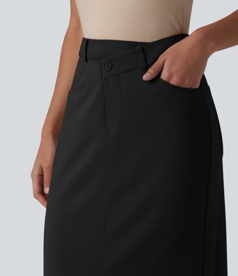 Asymmetric Mid Rise Split Midi Work Pencil Skirt with Pockets Asymmetric Mid Rise Split Midi Work Pencil Skirt with Pockets
