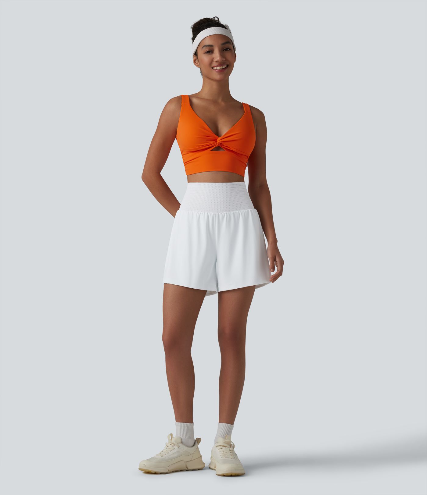 High Waisted Eyelet Tummy Control 2-in-1 Yoga Shorts 5'' with Pockets