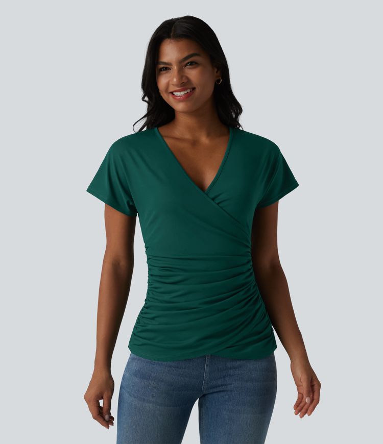 V Neck Short Sleeve Ruched Casual Top
