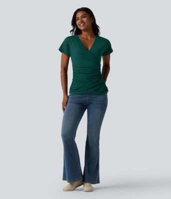 V Neck Short Sleeve Ruched Casual Top