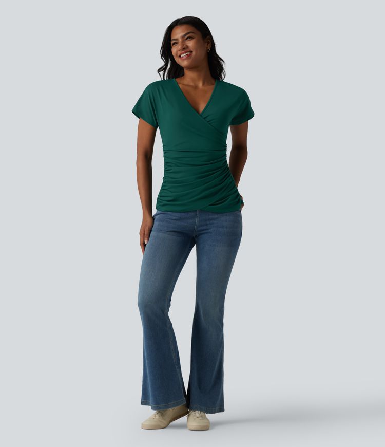 V Neck Short Sleeve Ruched Casual Top