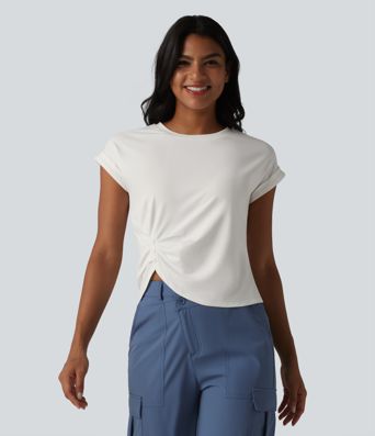 Round Neck Short Sleeve Curved Split Hem Casual T-Shirt