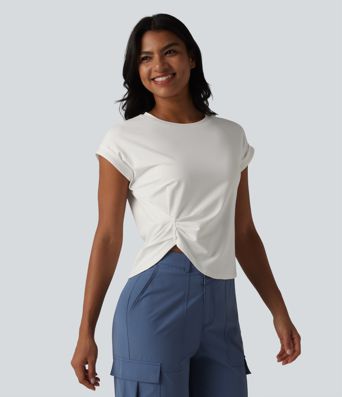 Round Neck Short Sleeve Curved Split Hem Casual T-Shirt