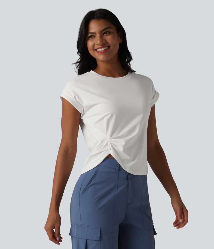 Round Neck Short Sleeve Curved Split Hem Casual T-Shirt