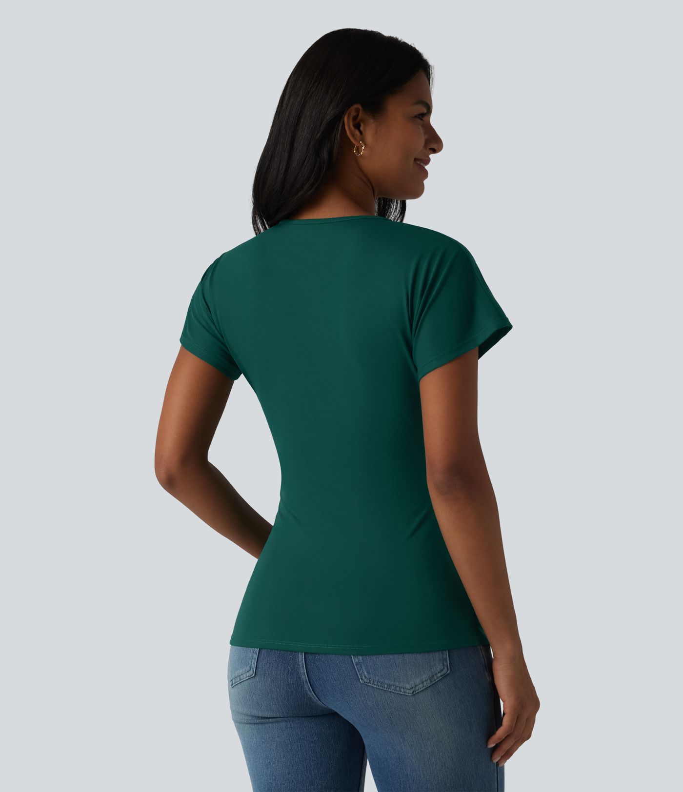 V Neck Short Sleeve Ruched Casual Top