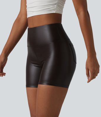 High Waisted Tummy Control Stretchy PU Casual Biker Shorts 5'' with Pockets High Waisted Tummy Control Stretchy PU Casual Biker Shorts 5'' with Pockets
