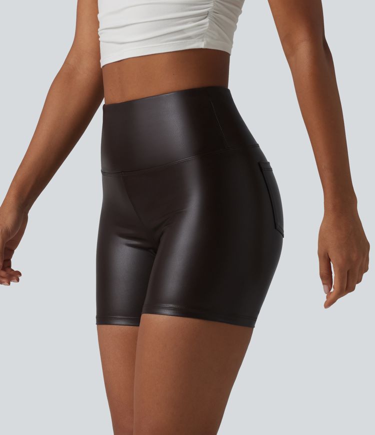High Waisted Tummy Control Stretchy PU Casual Biker Shorts 5'' with Pockets High Waisted Tummy Control Stretchy PU Casual Biker Shorts 5'' with Pockets