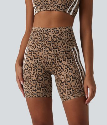 Halara UltraSculpt™ - Trainings-Radlerhose mit hohem Bund, Seitentaschen, Bauchkontrolle, Leopardenmuster, Streifen und Farbblock - 17,8 cm