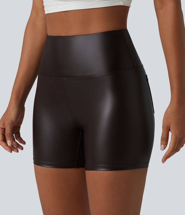 High Waisted Tummy Control Stretchy PU Casual Biker Shorts 5'' with Pockets High Waisted Tummy Control Stretchy PU Casual Biker Shorts 5'' with Pockets