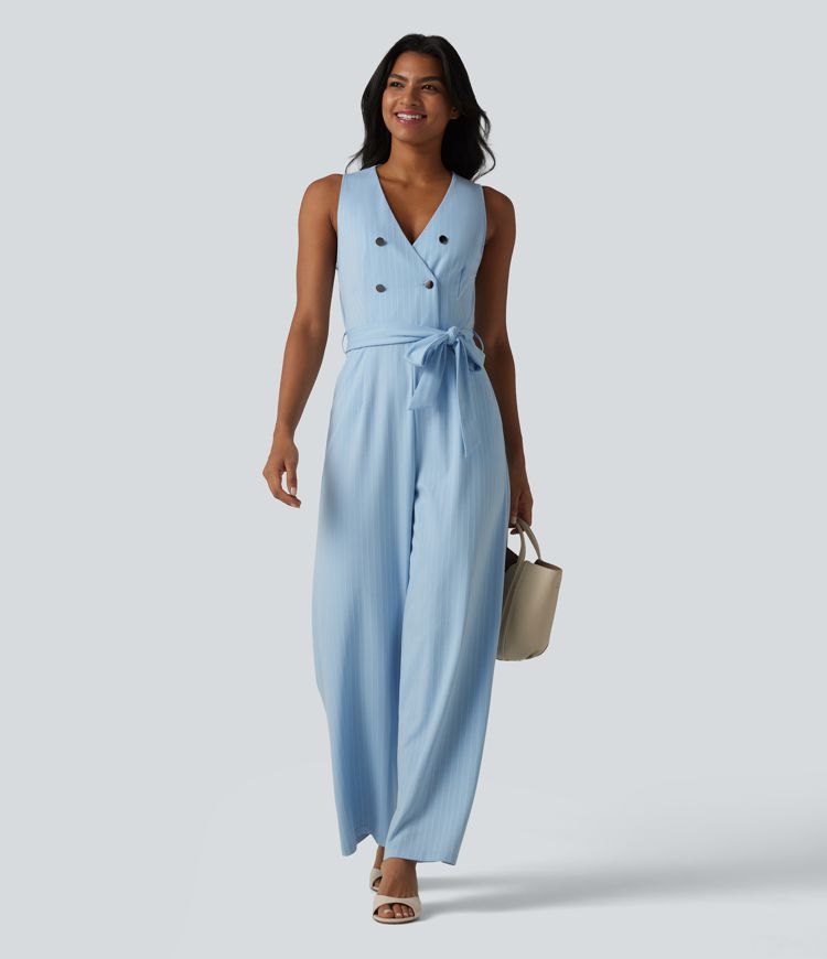 V Neck Sleeveless Belted Stripe Cool Touch Work Jumpsuit with Pockets-Easy Peezy V Neck Sleeveless Belted Stripe Cool Touch Work Jumpsuit with Pockets-Easy Peezy