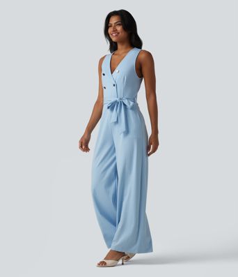 V Neck Sleeveless Belted Stripe Cool Touch Work Jumpsuit with Pockets-Easy Peezy V Neck Sleeveless Belted Stripe Cool Touch Work Jumpsuit with Pockets-Easy Peezy