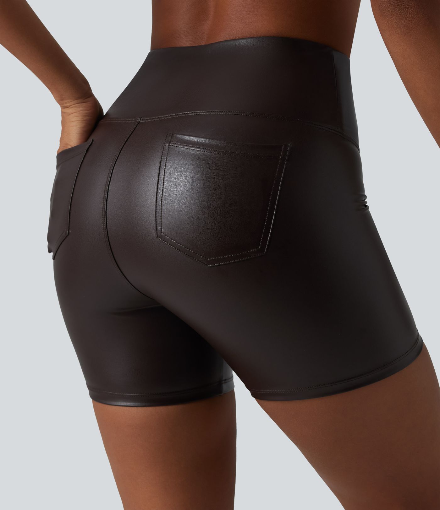 High Waisted Tummy Control Stretchy PU Casual Biker Shorts 5'' with Pockets High Waisted Tummy Control Stretchy PU Casual Biker Shorts 5'' with Pockets