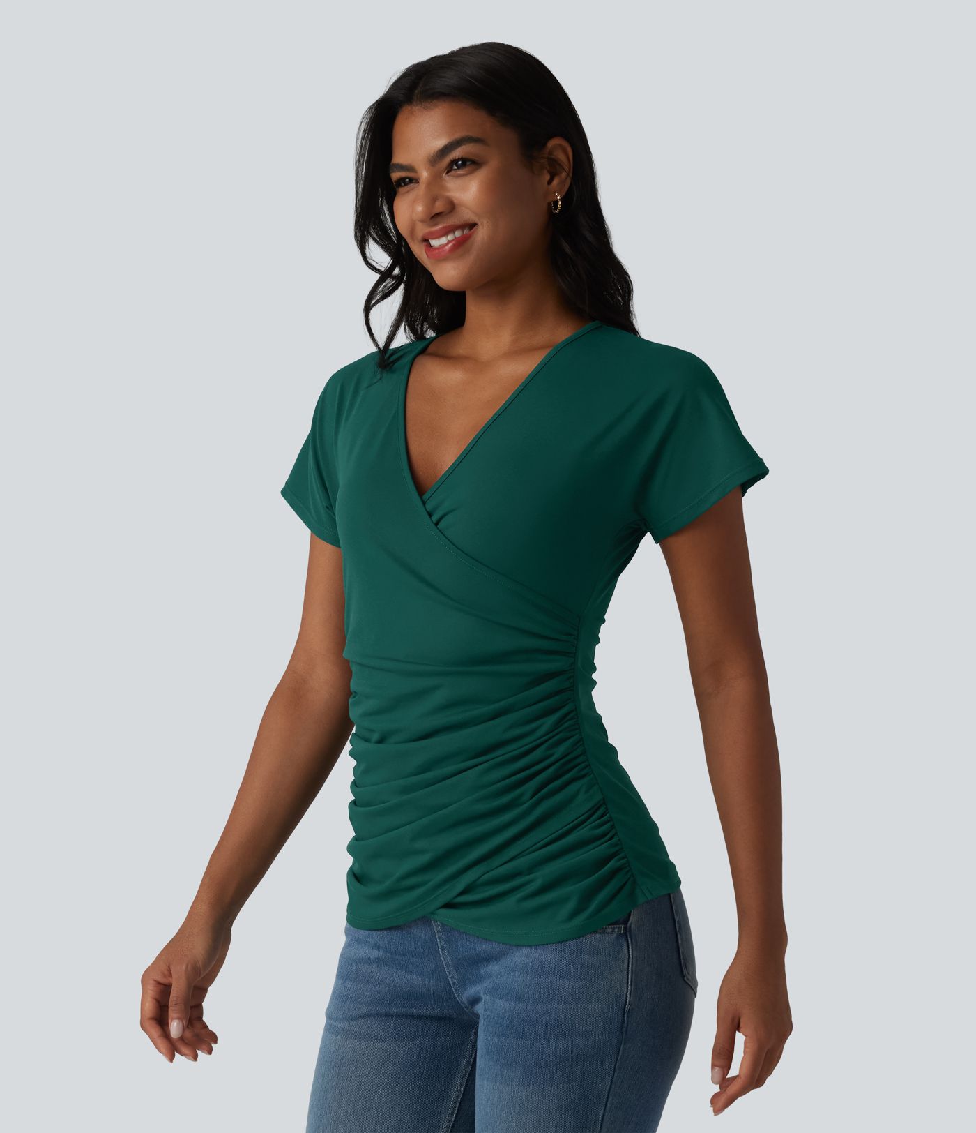 V Neck Short Sleeve Ruched Casual Top