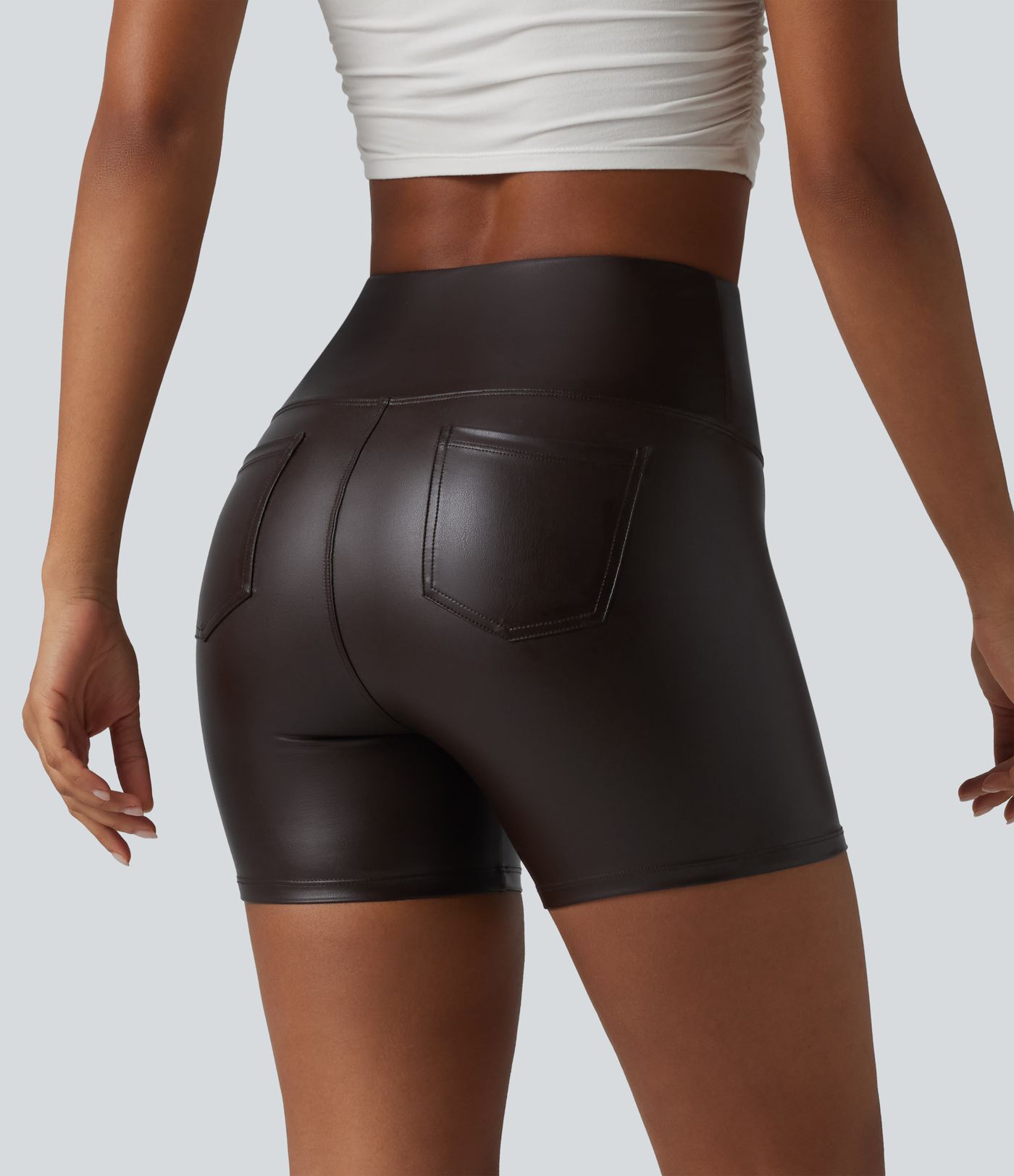 High Waisted Tummy Control Stretchy PU Casual Biker Shorts 5'' with Pockets High Waisted Tummy Control Stretchy PU Casual Biker Shorts 5'' with Pockets