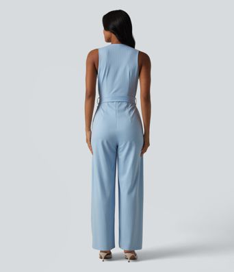 V Neck Sleeveless Belted Stripe Cool Touch Work Jumpsuit with Pockets-Easy Peezy V Neck Sleeveless Belted Stripe Cool Touch Work Jumpsuit with Pockets-Easy Peezy