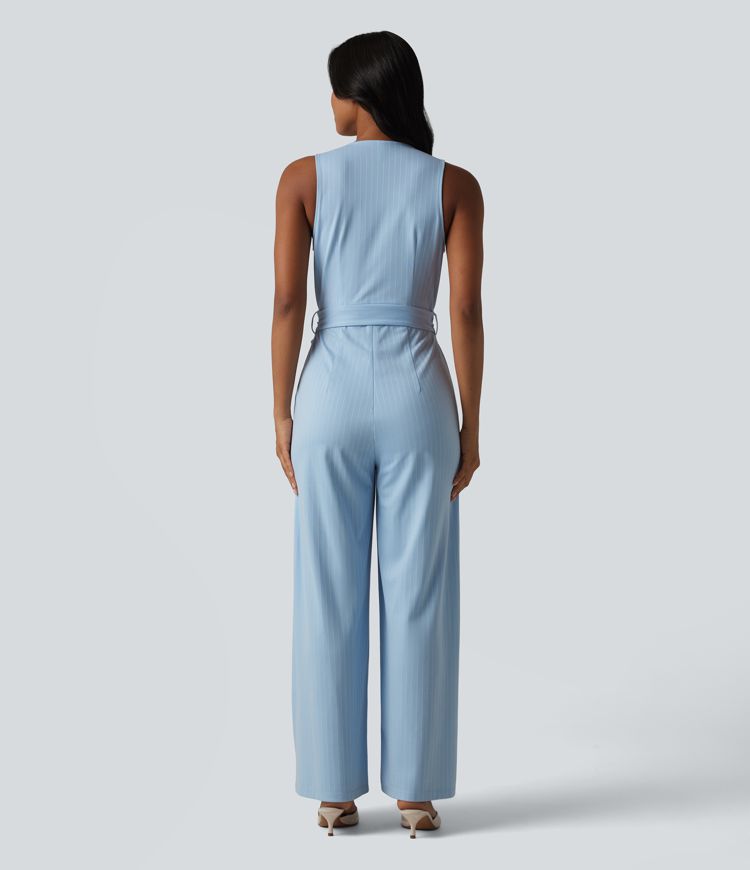 V Neck Sleeveless Belted Stripe Cool Touch Work Jumpsuit with Pockets-Easy Peezy V Neck Sleeveless Belted Stripe Cool Touch Work Jumpsuit with Pockets-Easy Peezy