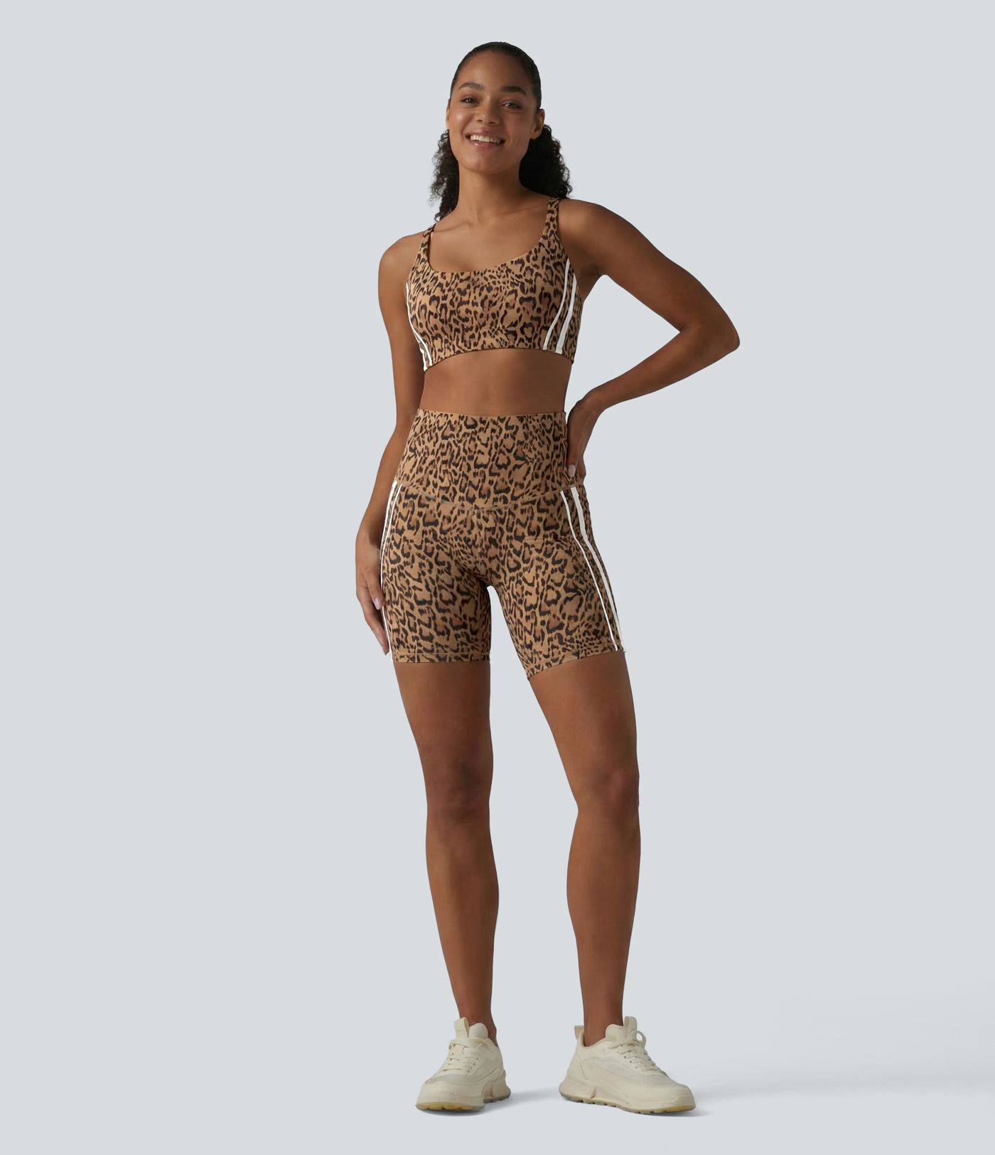 Halara UltraSculpt™ - Trainings-Radlerhose mit hohem Bund, Seitentaschen, Bauchkontrolle, Leopardenmuster, Streifen und Farbblock - 17,8 cm