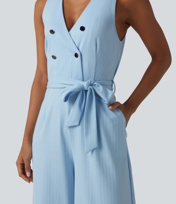 V Neck Sleeveless Belted Stripe Cool Touch Work Jumpsuit with Pockets-Easy Peezy V Neck Sleeveless Belted Stripe Cool Touch Work Jumpsuit with Pockets-Easy Peezy