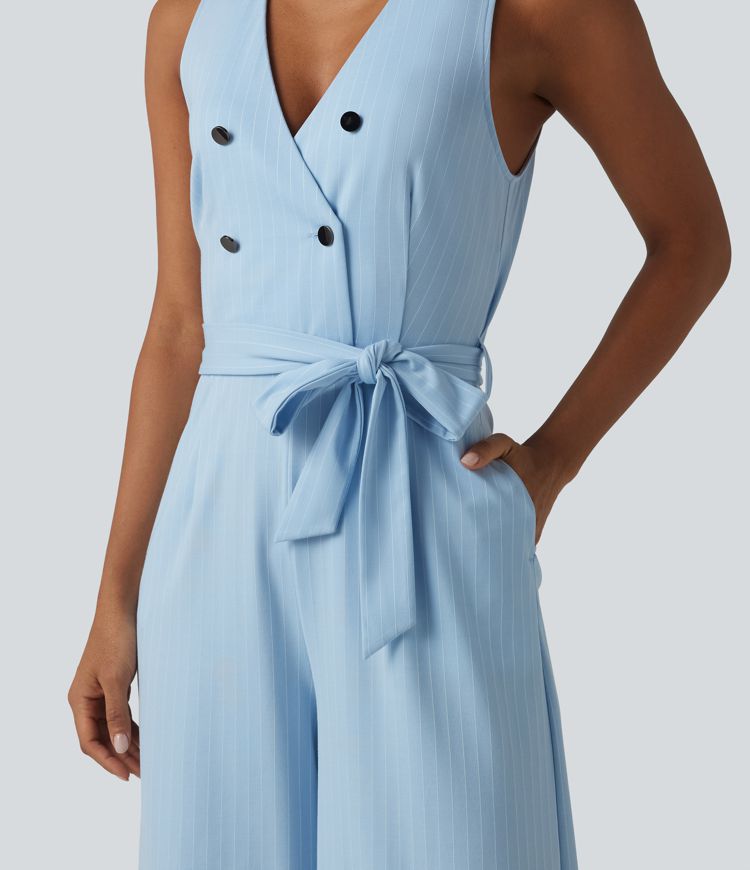 V Neck Sleeveless Belted Stripe Cool Touch Work Jumpsuit with Pockets-Easy Peezy V Neck Sleeveless Belted Stripe Cool Touch Work Jumpsuit with Pockets-Easy Peezy
