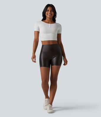 High Waisted Tummy Control Stretchy PU Casual Biker Shorts 5'' with Pockets High Waisted Tummy Control Stretchy PU Casual Biker Shorts 5'' with Pockets