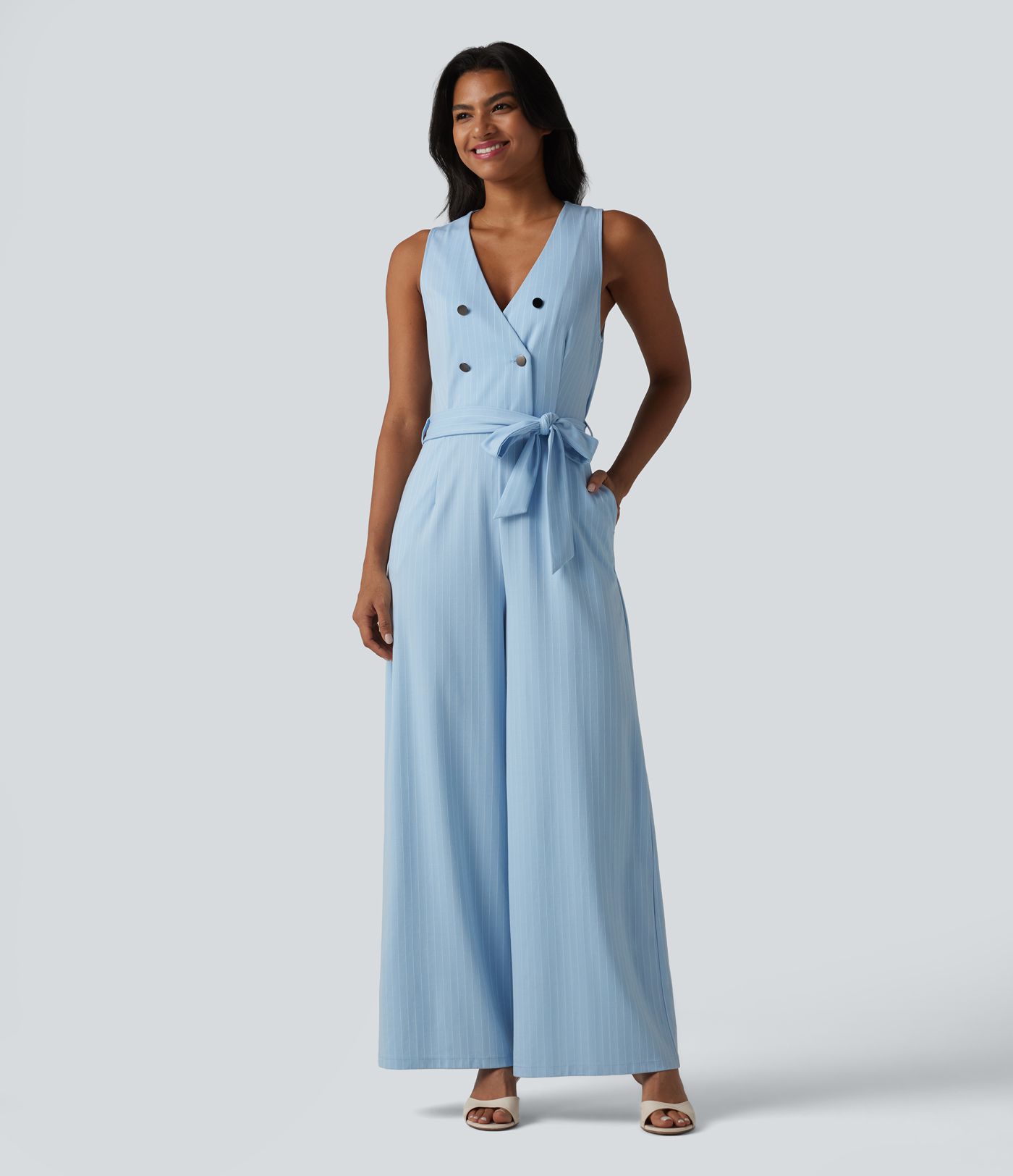 V Neck Sleeveless Belted Stripe Cool Touch Work Jumpsuit with Pockets-Easy Peezy V Neck Sleeveless Belted Stripe Cool Touch Work Jumpsuit with Pockets-Easy Peezy