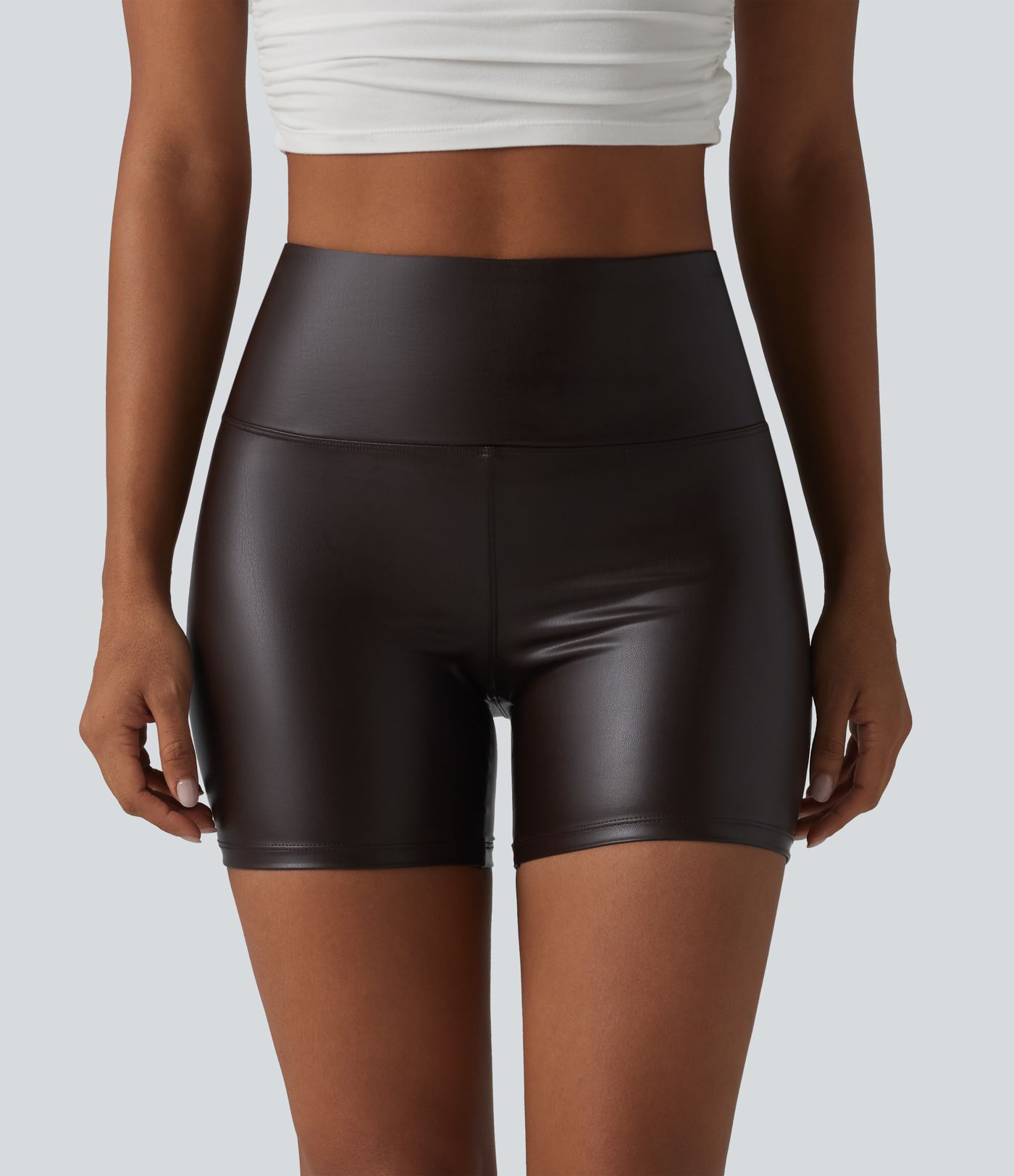 High Waisted Tummy Control Stretchy PU Casual Biker Shorts 5'' with Pockets High Waisted Tummy Control Stretchy PU Casual Biker Shorts 5'' with Pockets