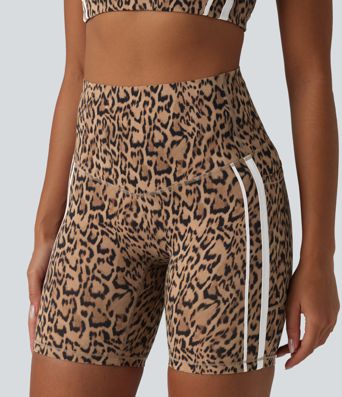 Halara UltraSculpt™ - Trainings-Radlerhose mit hohem Bund, Seitentaschen, Bauchkontrolle, Leopardenmuster, Streifen und Farbblock - 17,8 cm