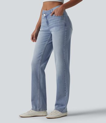 Halara Flex™ Asymmetric High Waisted Casual Straight Leg Jeans with Pockets
