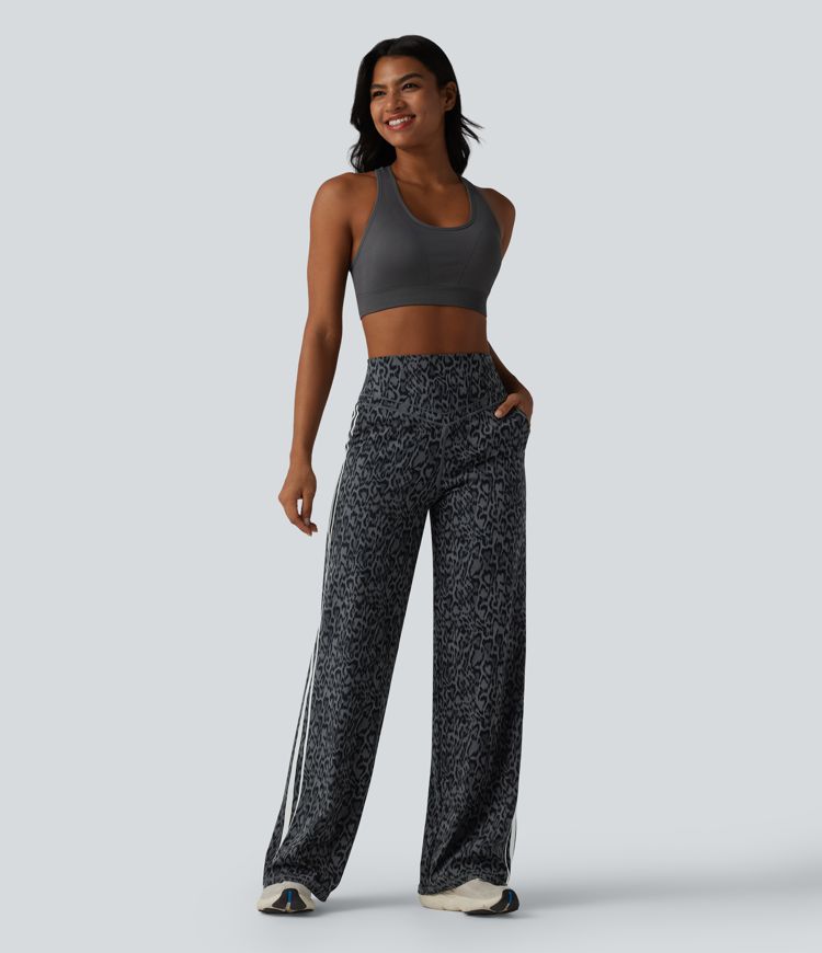 Halara UltraSculpt™ Leopard Print High Waisted Tummy Control Side Stripes Yoga Straight Leg Trousers with Pockets