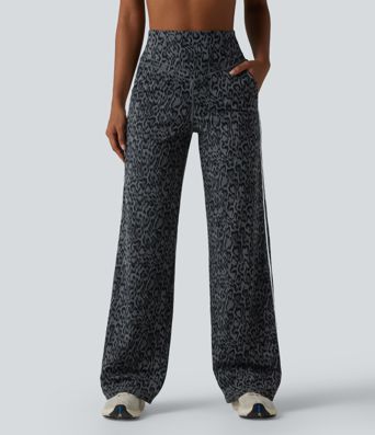 Halara UltraSculpt™ Leopard Print High Waisted Tummy Control Side Stripes Yoga Straight Leg Trousers with Pockets
