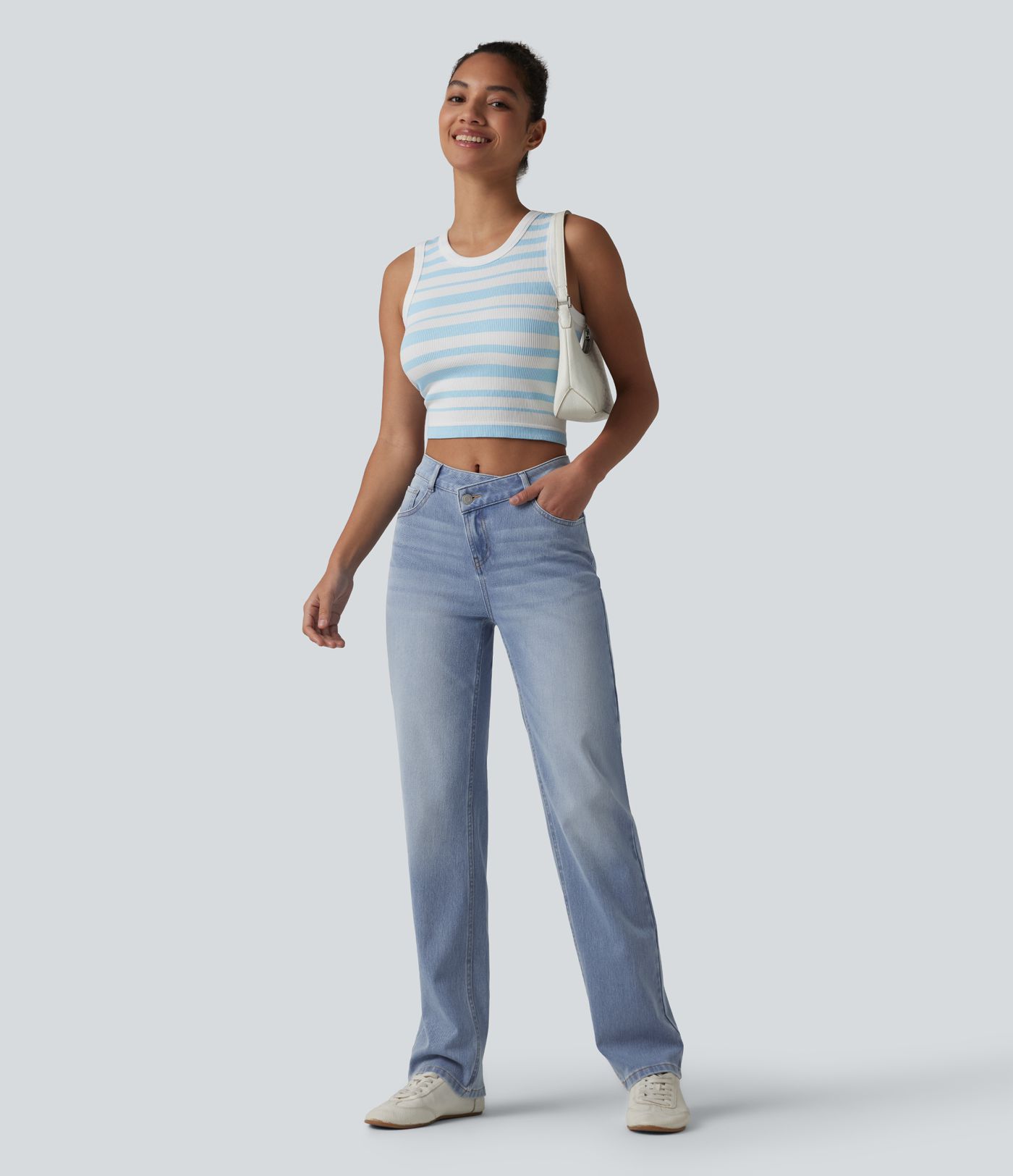 Halara Flex™ Asymmetric High Waisted Casual Straight Leg Jeans with Pockets