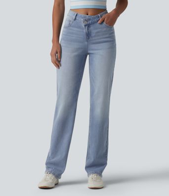 Halara Flex™ Asymmetric High Waisted Casual Straight Leg Jeans with Pockets