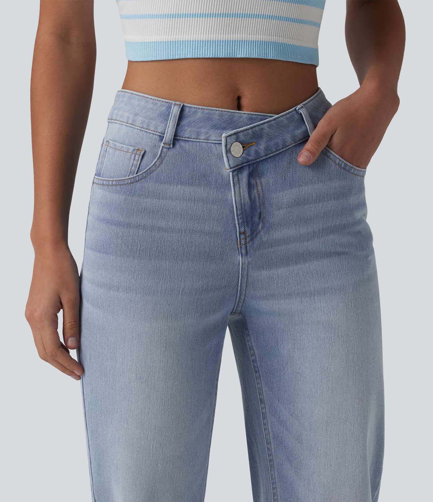 Halara Flex™ Asymmetric High Waisted Casual Straight Leg Jeans with Pockets