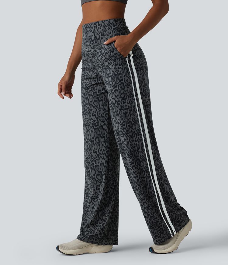 Halara UltraSculpt™ leopardmønster, høyt liv, magekontrollerende yoga-bukse med sidestriper, rett ben og lommer