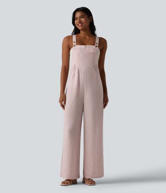 Plaid Casual Linen-Feel Overalls with Pockets