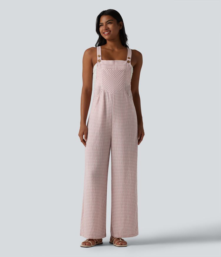 Plaid Casual Linen-Feel Overalls with Pockets