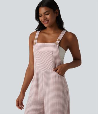 Plaid Casual Linen-Feel Overalls with Pockets