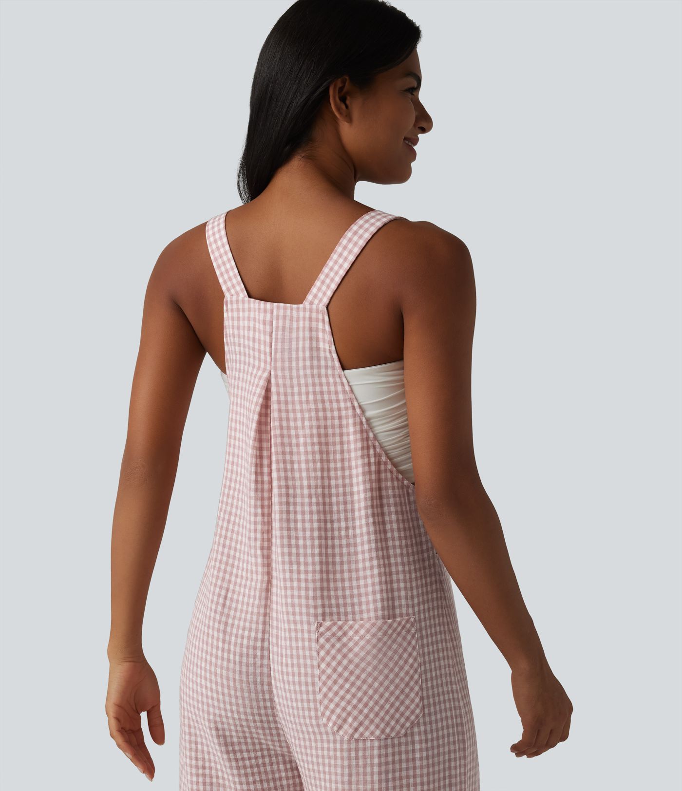 Plaid Casual Linen-Feel Overalls with Pockets