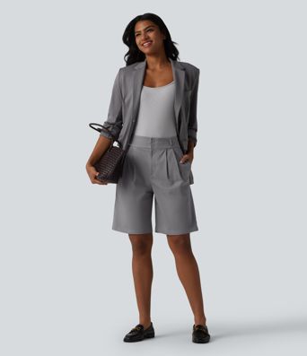 High Waisted Straight Leg Work Chino Cotton Bermuda Shorts with Pockets