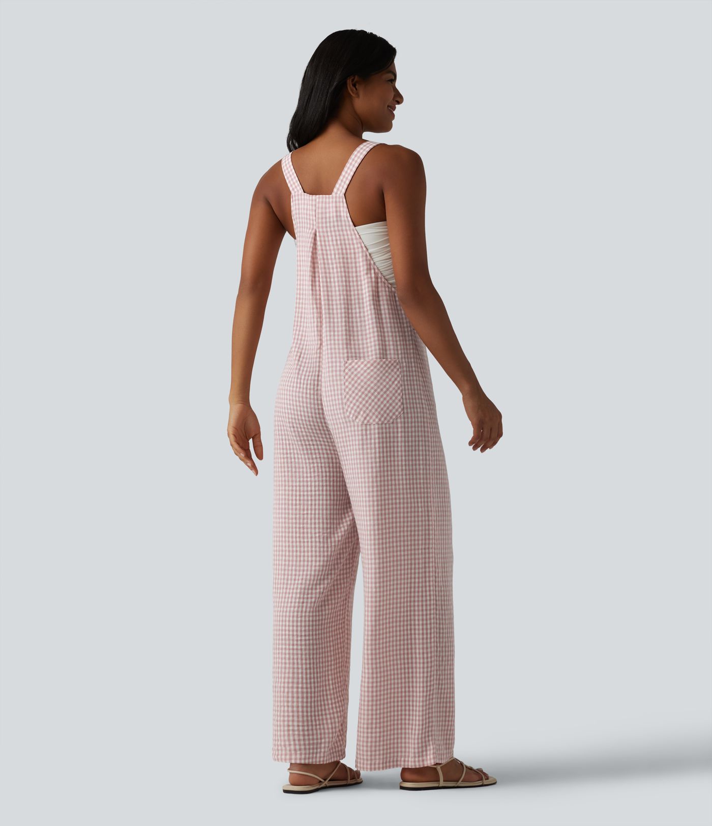 Plaid Casual Linen-Feel Overalls with Pockets