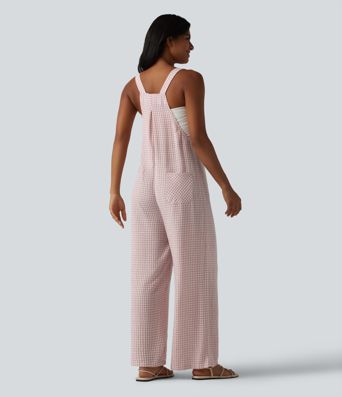 Plaid Casual Linen-Feel Overalls with Pockets