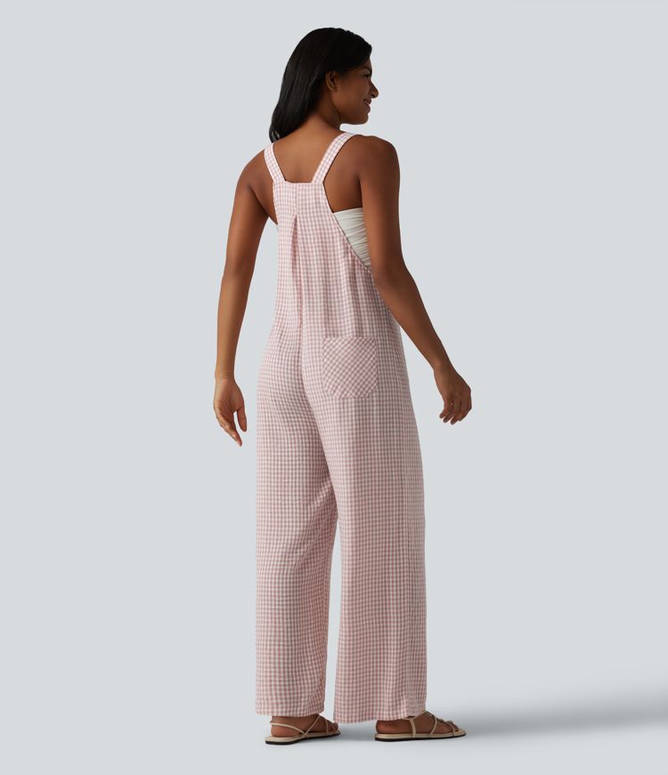 Plaid Casual Linen-Feel Overalls with Pockets