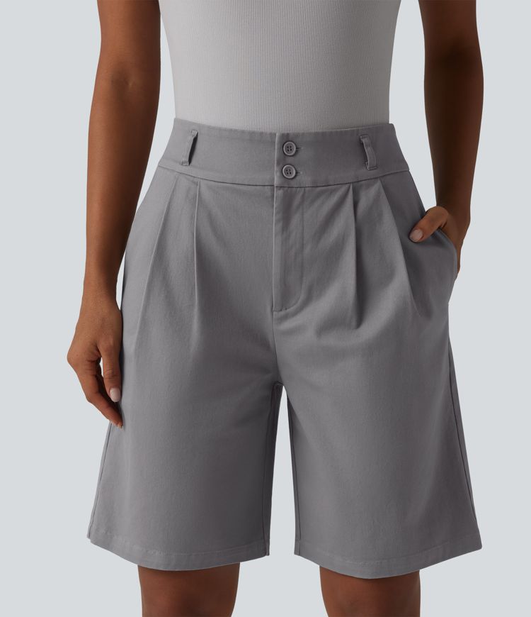 High Waisted Straight Leg Work Chino Cotton Bermuda Shorts with Pockets