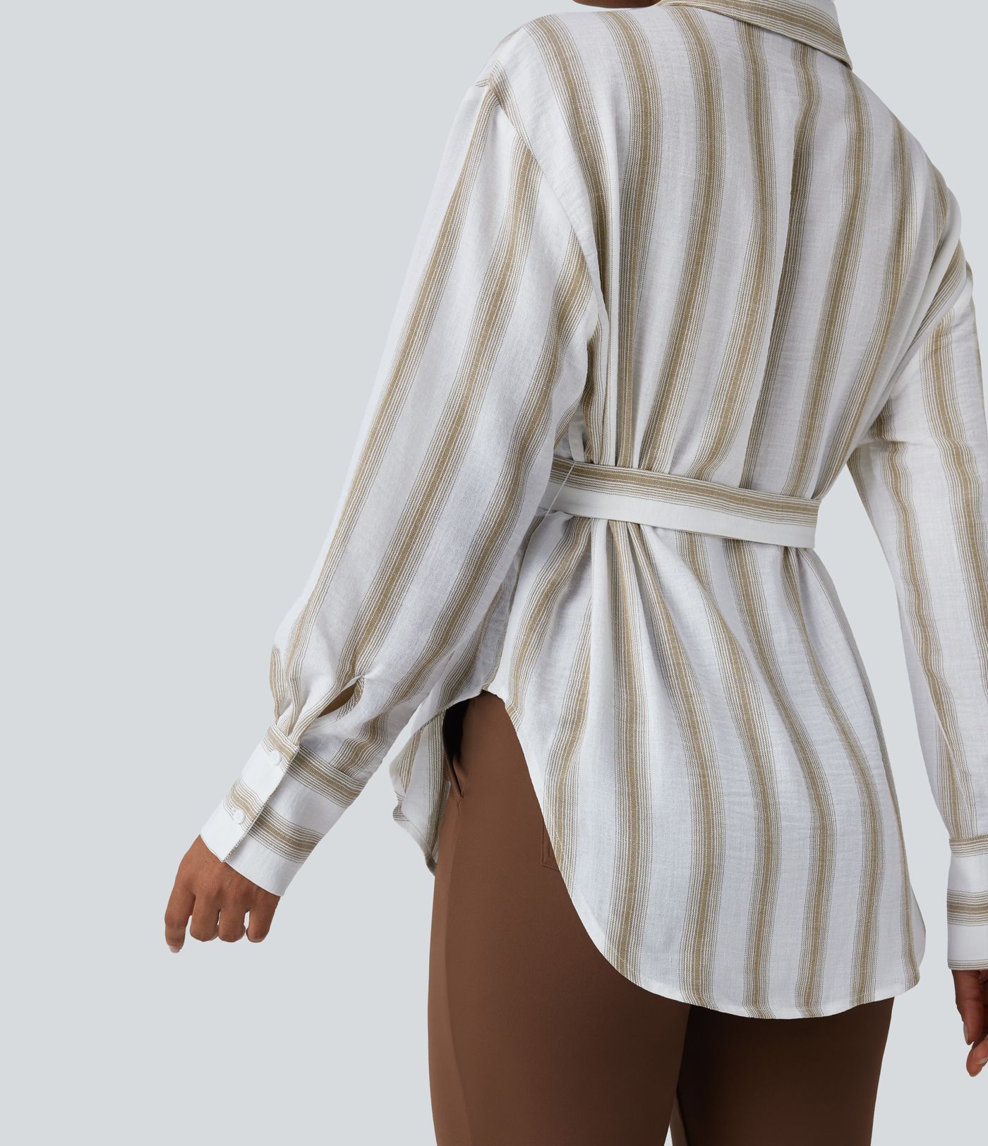Long Sleeve Belted Curved Hem Stripe Work Linen-Feel Shirt with Pocket