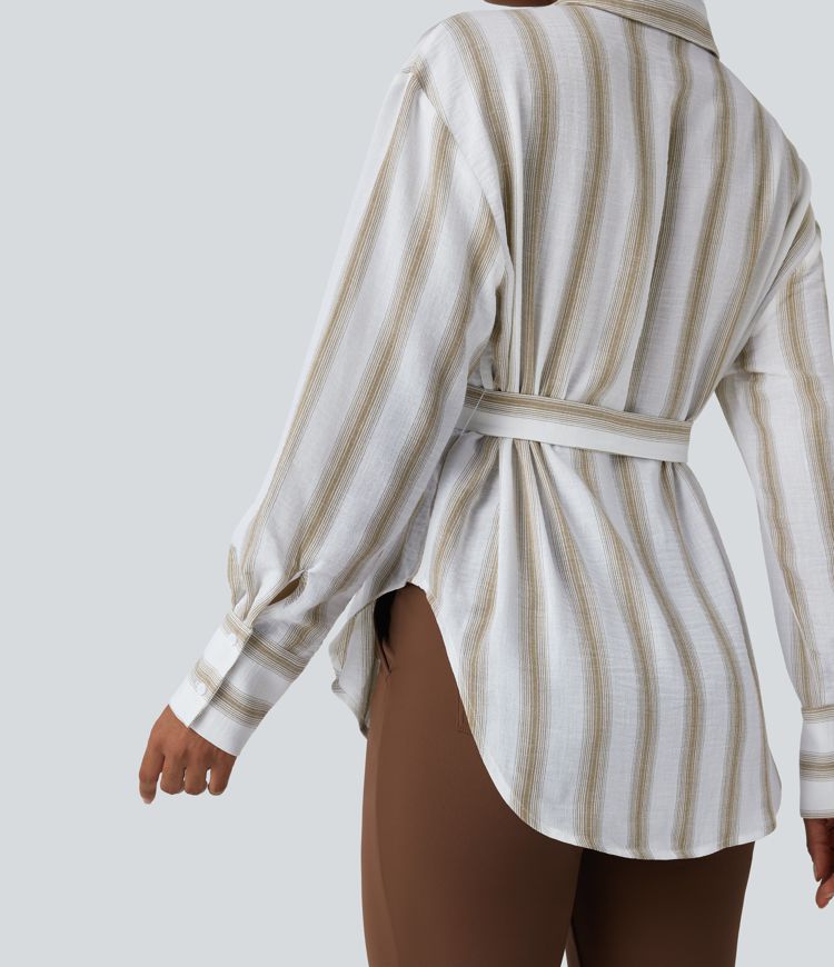 Long Sleeve Belted Curved Hem Stripe Work Linen-Feel Shirt with Pocket