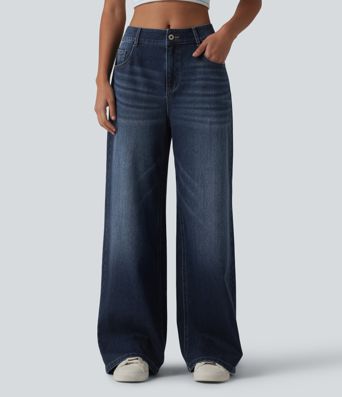 Halara Flex™ Mid Rise Washed Baggy Wide Leg Casual Jeans with Pockets
