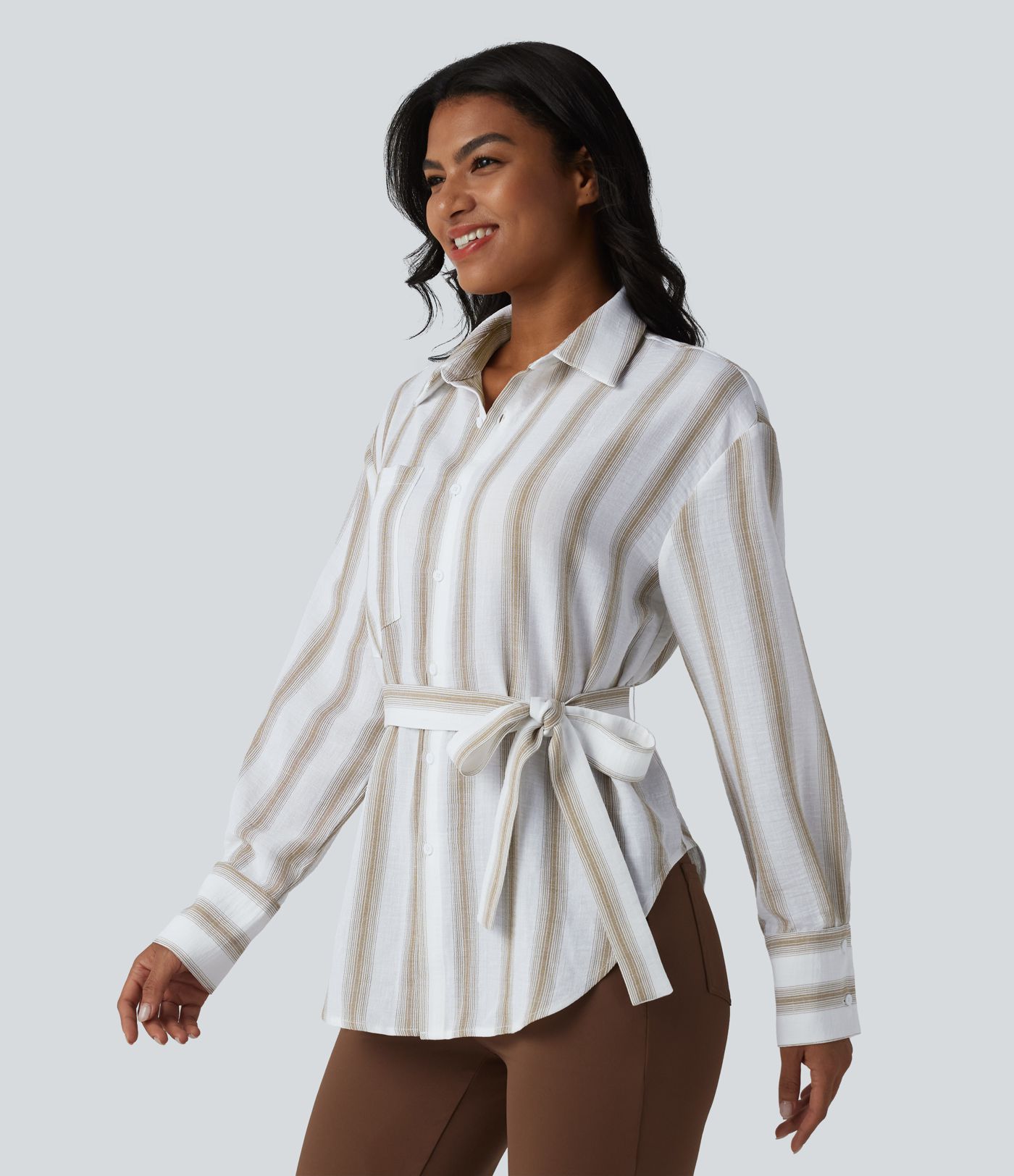 Long Sleeve Belted Curved Hem Stripe Work Linen-Feel Shirt with Pocket