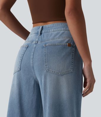 Halara Flex™ Mid Rise Washed Baggy Wide Leg Casual Jeans with Pockets