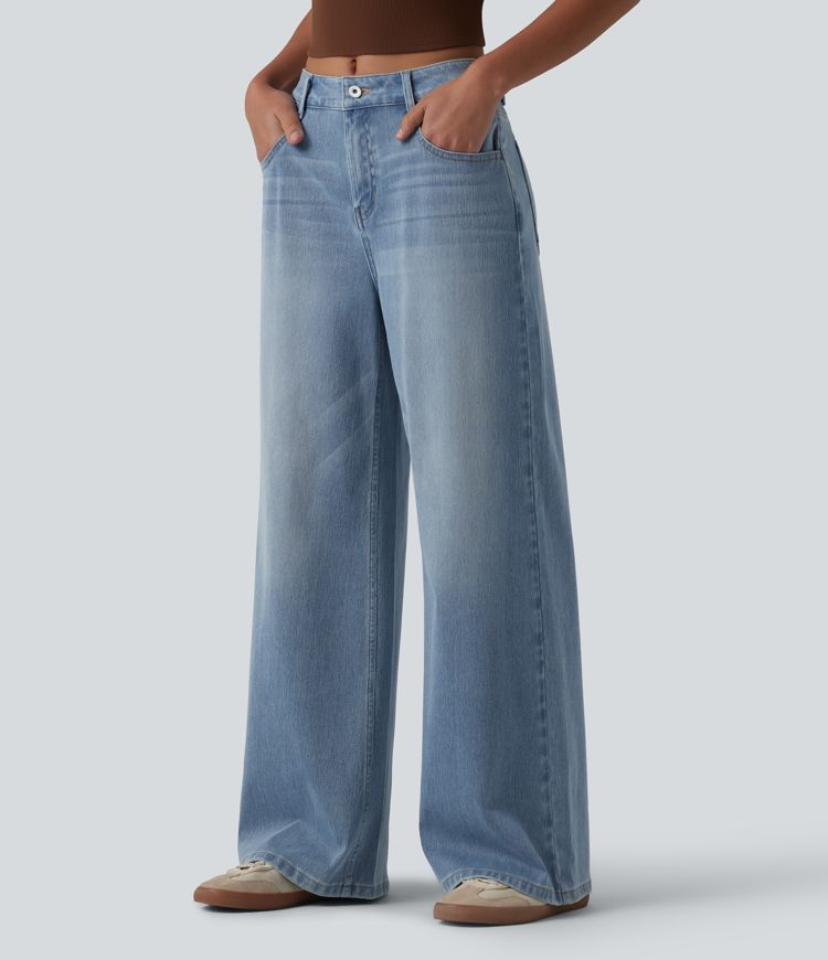 Halara Flex™ Mid Rise Washed Baggy Wide Leg Casual Jeans with Pockets